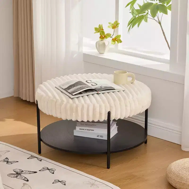 Pouf rond en fausse fourrure à 2 niveaux avec étagère de rangement