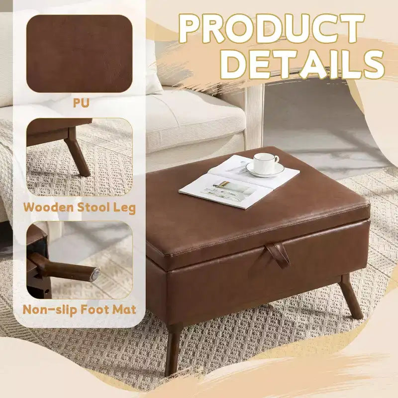 Ottoman de rangement mi-siècle avec revêtement en cuir PU – Capacité de 180 kg