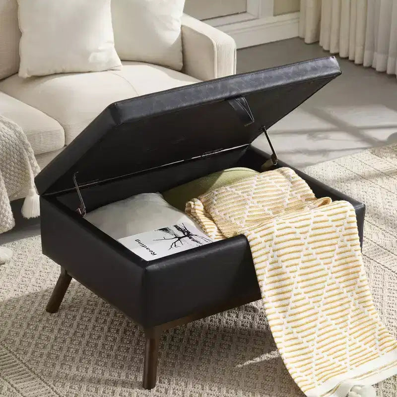 Ottoman de rangement mi-siècle avec revêtement en cuir PU – Capacité de 180 kg