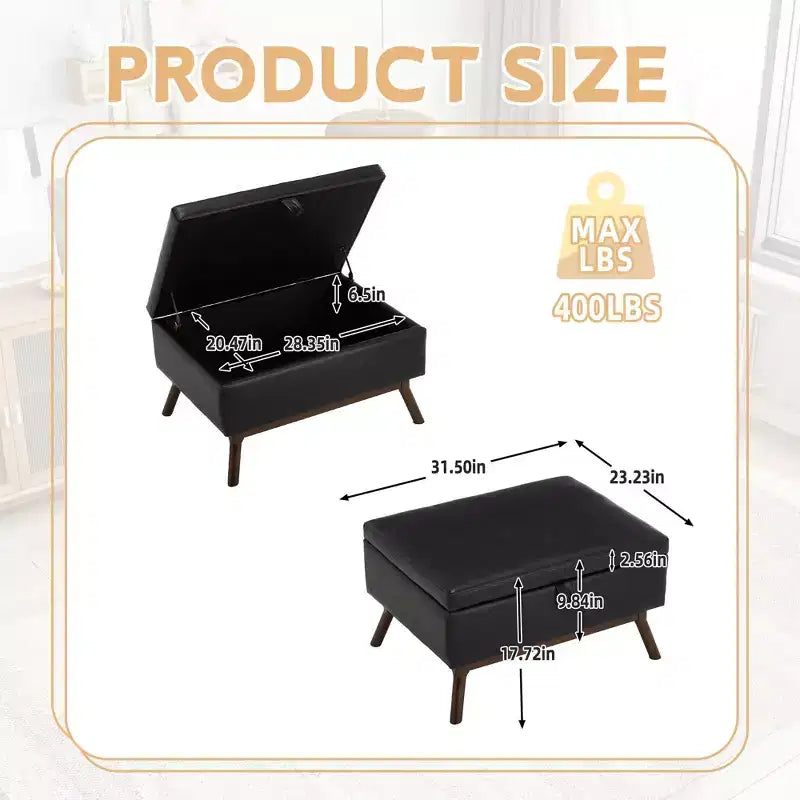 Ottoman de rangement mi-siècle avec revêtement en cuir PU – Capacité de 180 kg