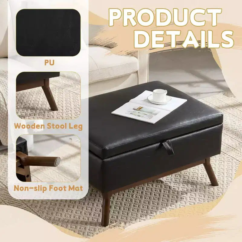 Ottoman de rangement mi-siècle avec revêtement en cuir PU – Capacité de 180 kg