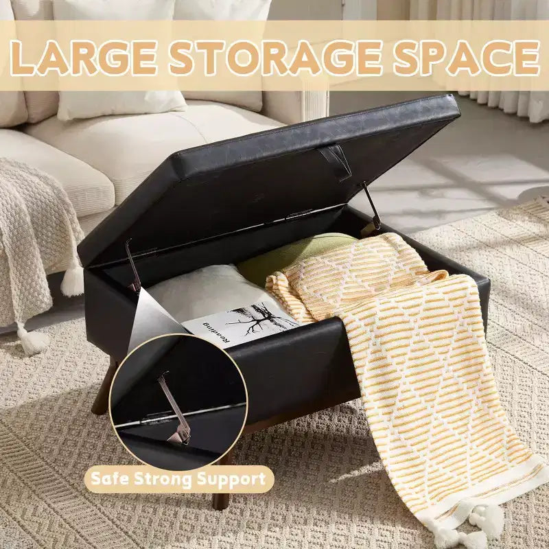 Ottoman de rangement mi-siècle avec revêtement en cuir PU – Capacité de 180 kg