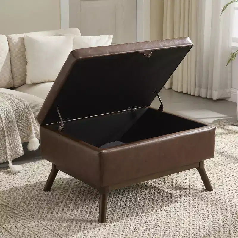 Ottoman de rangement mi-siècle avec revêtement en cuir PU – Capacité de 180 kg