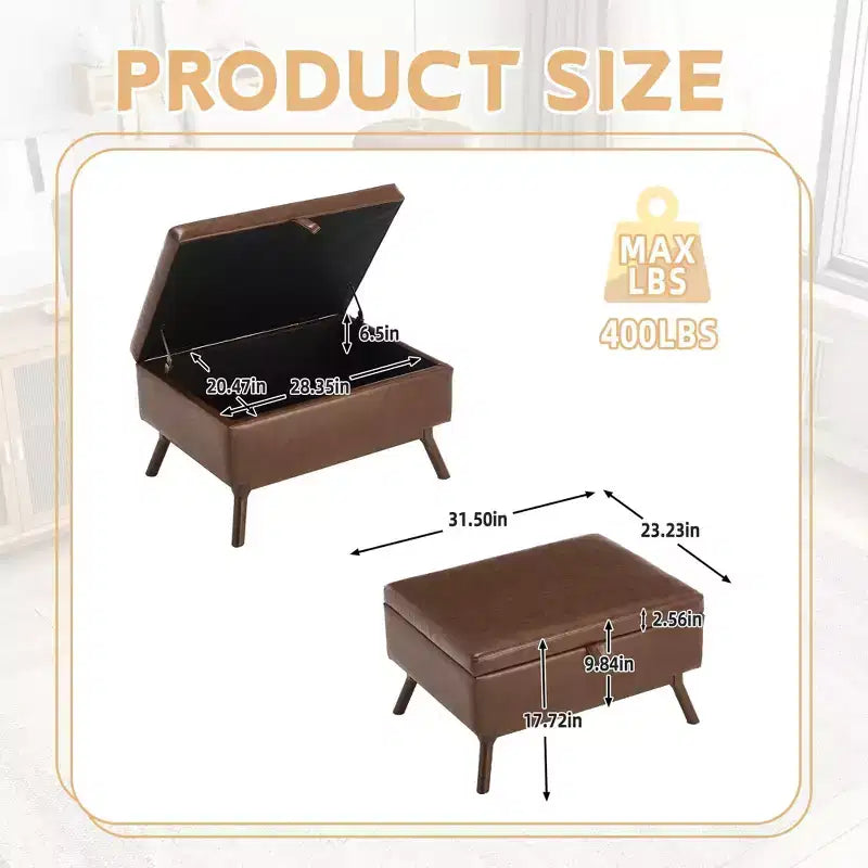 Ottoman de rangement mi-siècle avec revêtement en cuir PU – Capacité de 180 kg