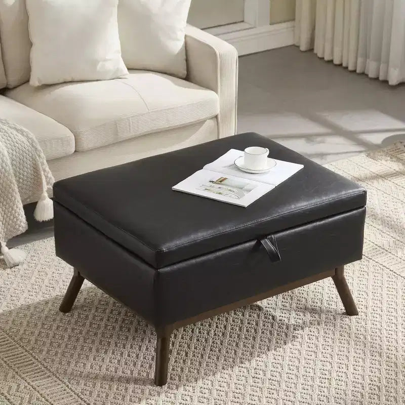 Ottoman de rangement mi-siècle avec revêtement en cuir PU – Capacité de 180 kg