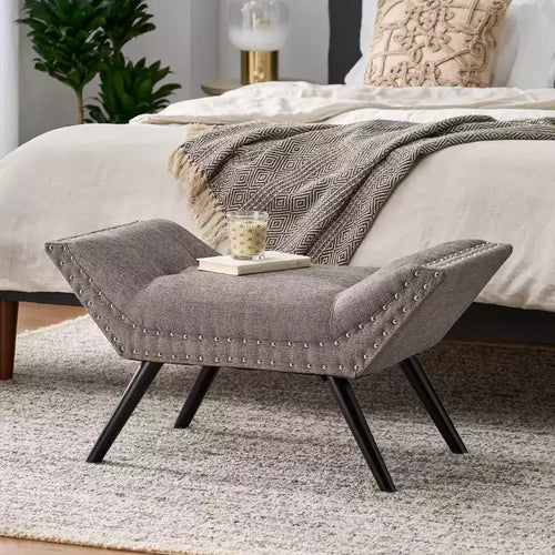 TUYOHW 35.5 Vintage Ottoman Bench Button-Tufted Design,Accent End of Bed Ottoman for Bedroom & Living Room,Birchwood Legs & Nailhead Trim,Gray