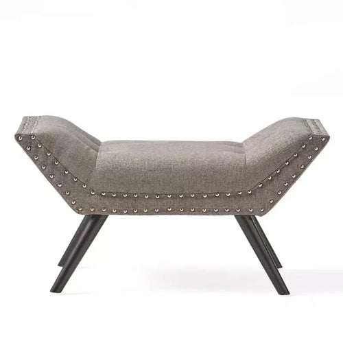 Banc ottoman capitonné vintage de 35,5 po – Pieds en bois de bouleau, garniture cloutée, gris