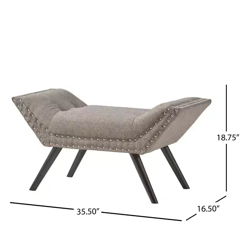 Banc ottoman capitonné vintage de 35,5 po – Pieds en bois de bouleau, garniture cloutée, gris