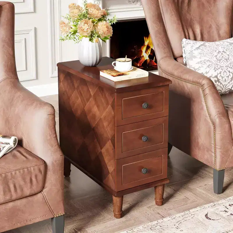 Table d'appoint étroite en bois à 3 tiroirs – Table de chevet entièrement assemblée pour chambre et salon