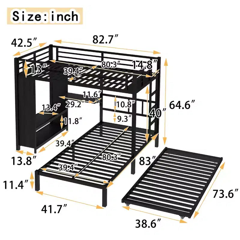 Lit superposé double sur simple avec armoire intégrée, lit gigogne et bureau pliant