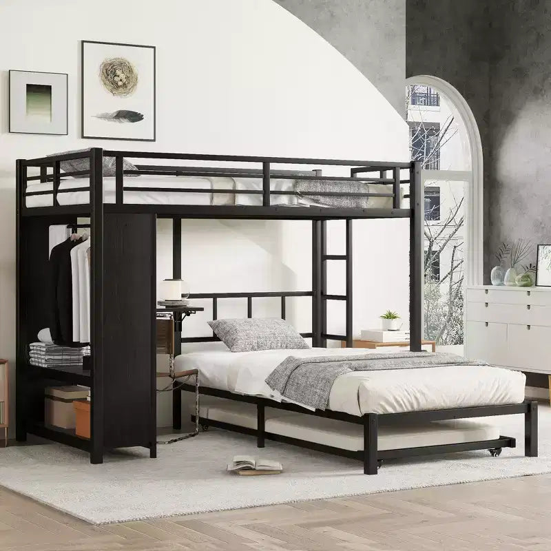 Lit superposé double sur simple avec armoire intégrée, lit gigogne et bureau pliant