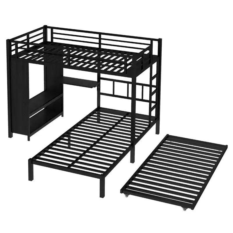 Lit superposé double sur simple avec armoire intégrée, lit gigogne et bureau pliant