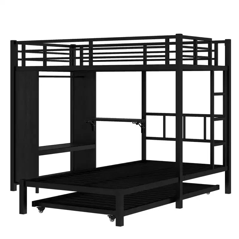 Lit superposé double sur simple avec armoire intégrée, lit gigogne et bureau pliant