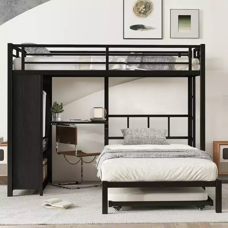 Lit superposé double sur simple avec armoire intégrée, lit gigogne et bureau pliant