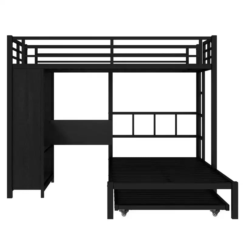 Lit superposé double sur simple avec armoire intégrée, lit gigogne et bureau pliant