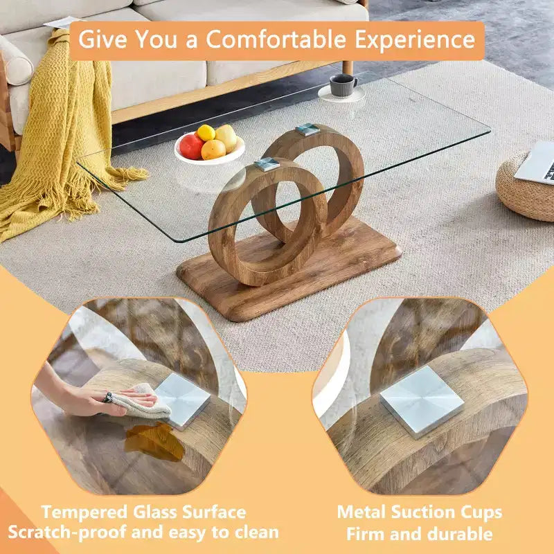 Table basse en verre avec piètement annulaire en MDF