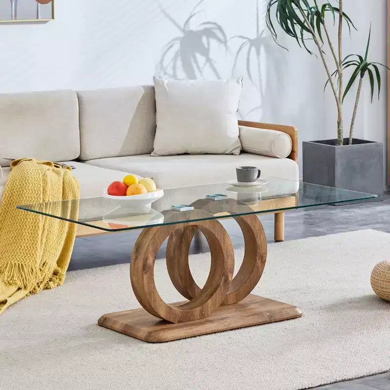 MAYEERTY Ring-Base Glass Coffee Table, Lounge Coffee Table, Natural Wood