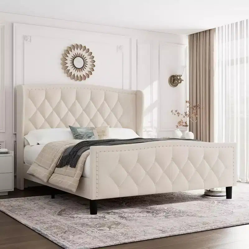 COZONY Velvet Upholstered Platform Bed, Full Size Wingback Headboard Bed with Wooden Slat Support