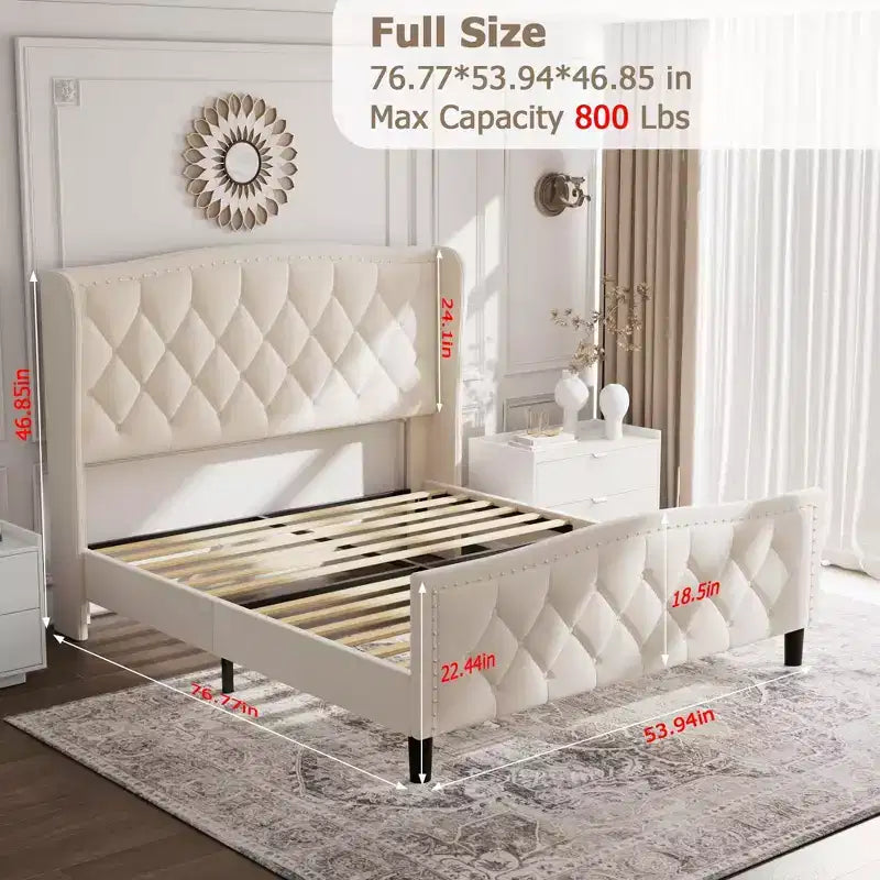 Lit plateforme tapissé de velours – Grand lit avec tête de lit capitonnée ailée