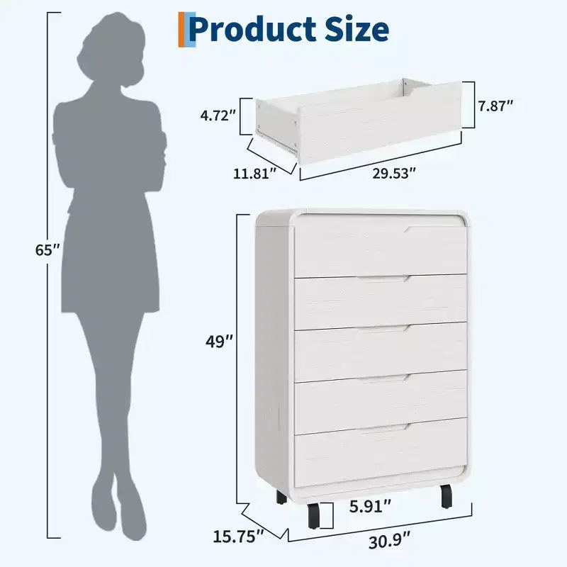 Commode en bois à 5 tiroirs avec pieds amovibles – Coffre de rangement de 124 cm de hauteur