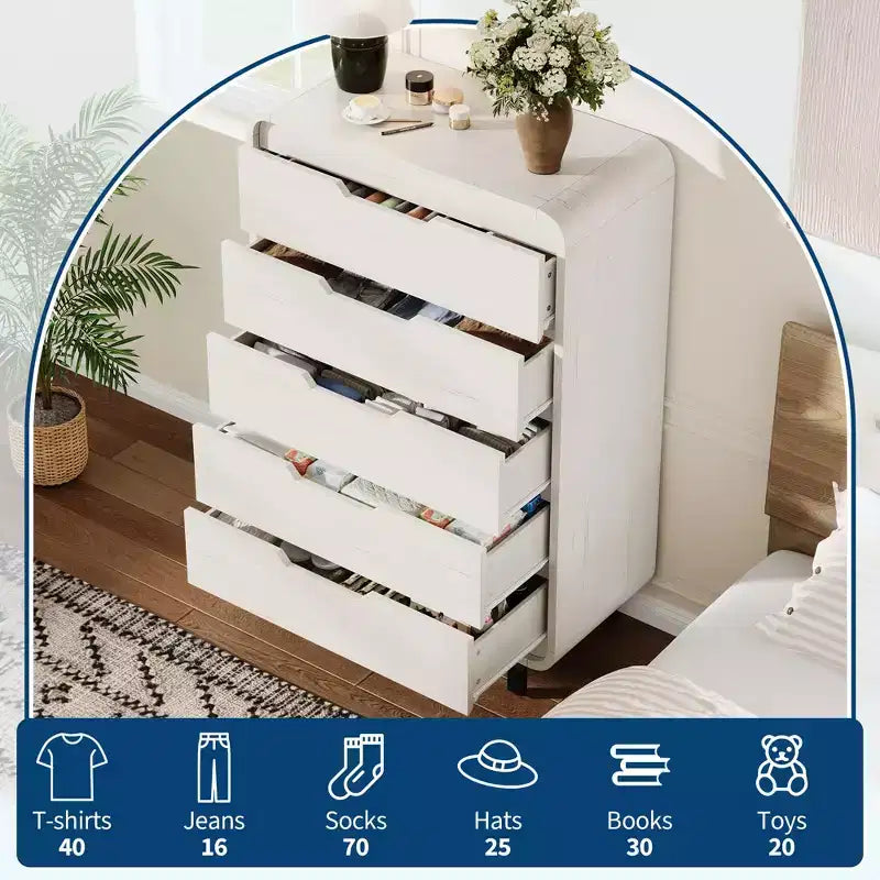 Commode en bois à 5 tiroirs avec pieds amovibles – Coffre de rangement de 124 cm de hauteur