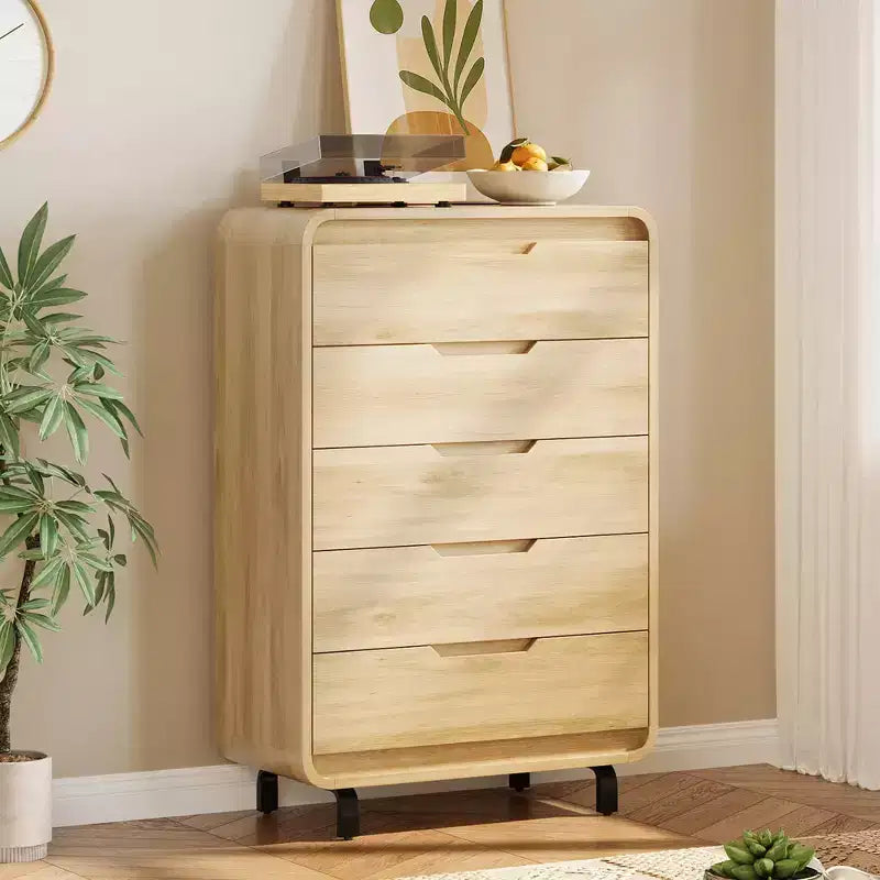 Commode en bois à 5 tiroirs avec pieds amovibles – Coffre de rangement de 124 cm de hauteur