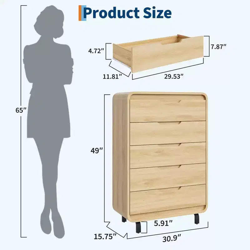 Commode en bois à 5 tiroirs avec pieds amovibles – Coffre de rangement de 124 cm de hauteur