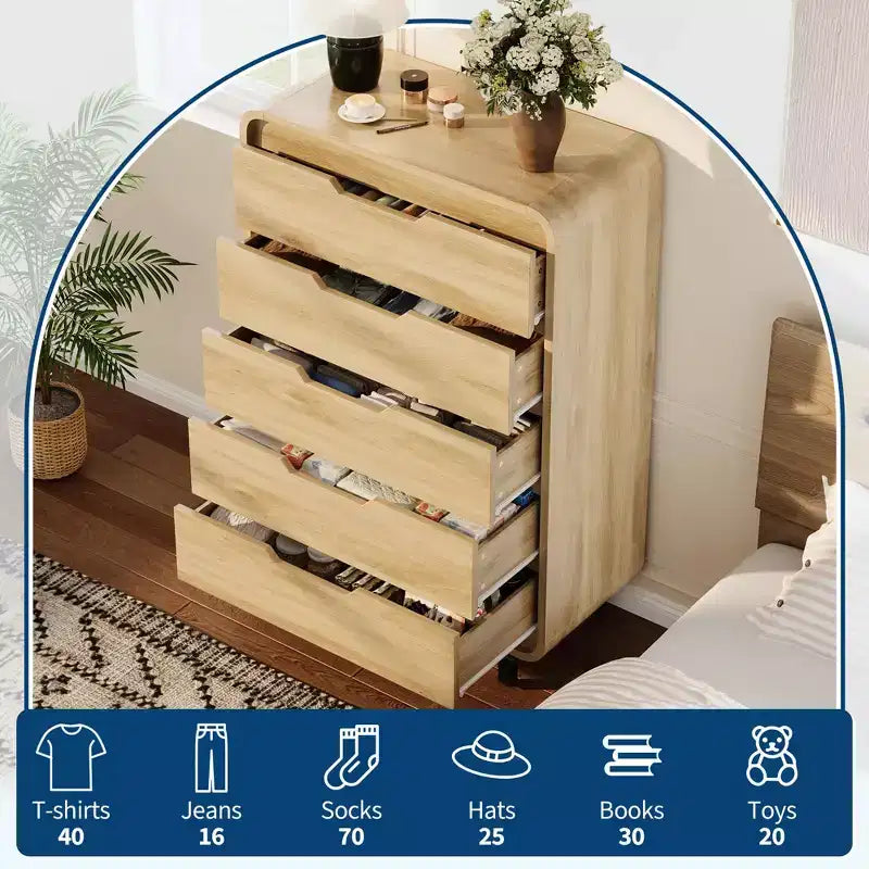 Commode en bois à 5 tiroirs avec pieds amovibles – Coffre de rangement de 124 cm de hauteur