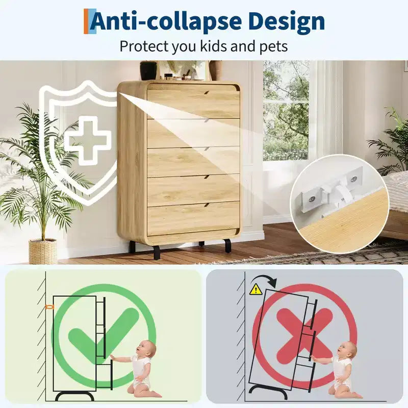 Commode en bois à 5 tiroirs avec pieds amovibles – Coffre de rangement de 124 cm de hauteur