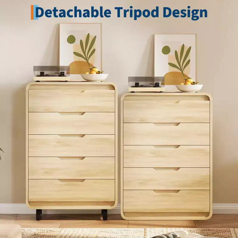 Commode en bois à 5 tiroirs avec pieds amovibles – Coffre de rangement de 124 cm de hauteur