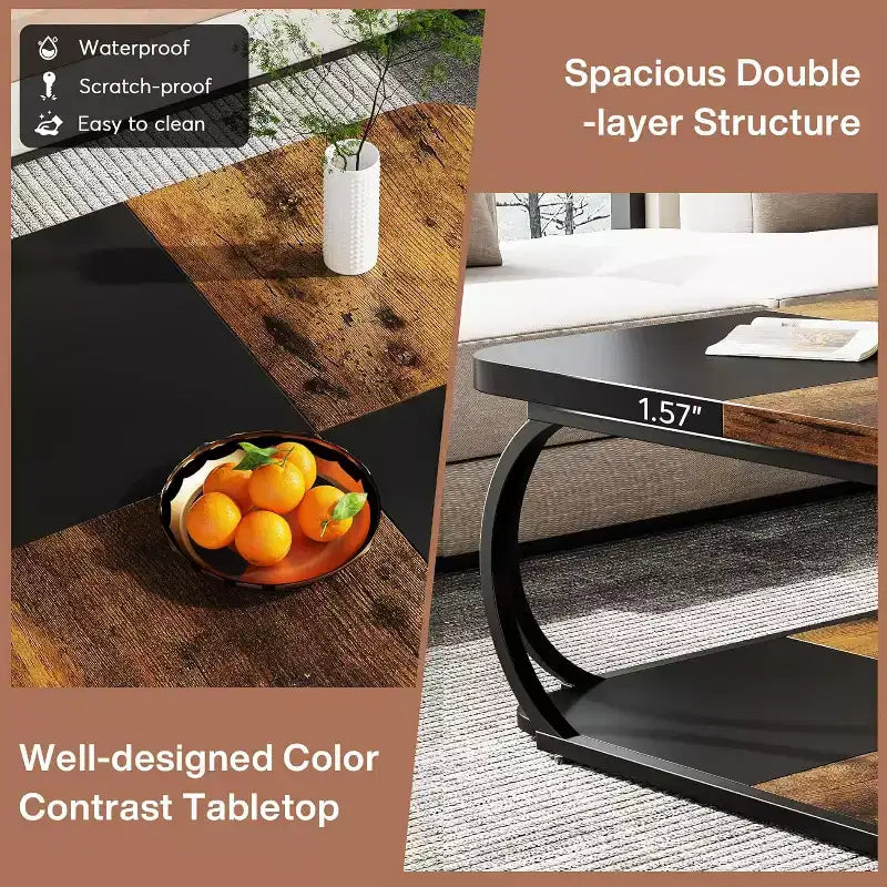 Table basse carrée de 40 pouces à 2 niveaux, table basse de style ferme avec étagère de rangement pour salon, marron rustique noir