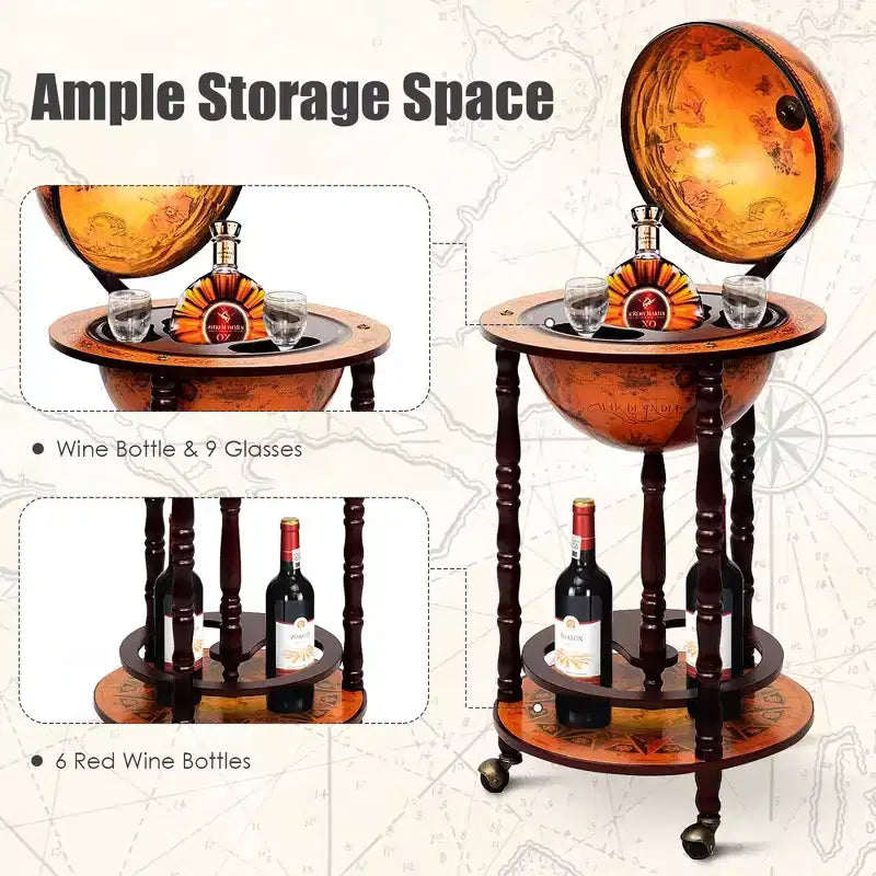 Bar globe porte-bouteilles Costway 17,5 po en bois style italien du XVIe siècle