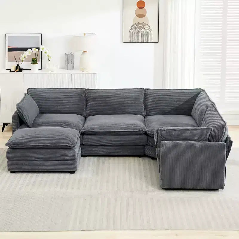 Canapé sectionnel modulaire moderne 5 places en velours côtelé, surdimensionné, 288 cm (L) x 201 cm (l), avec pouf, canapé en forme de U avec canapé d'angle, HYLEORY