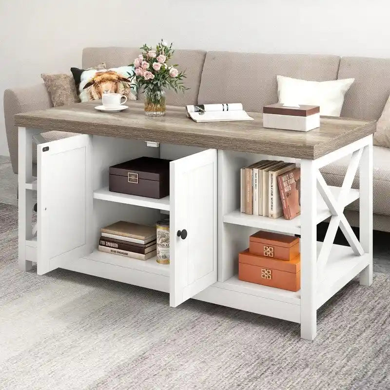 Table basse d'appoint en bois style rustique avec grande étagère de rangement