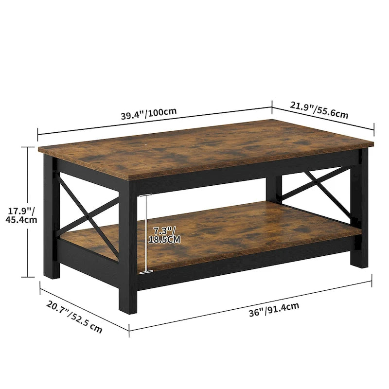 Table basse d'appoint en bois style rustique avec grande étagère de rangement