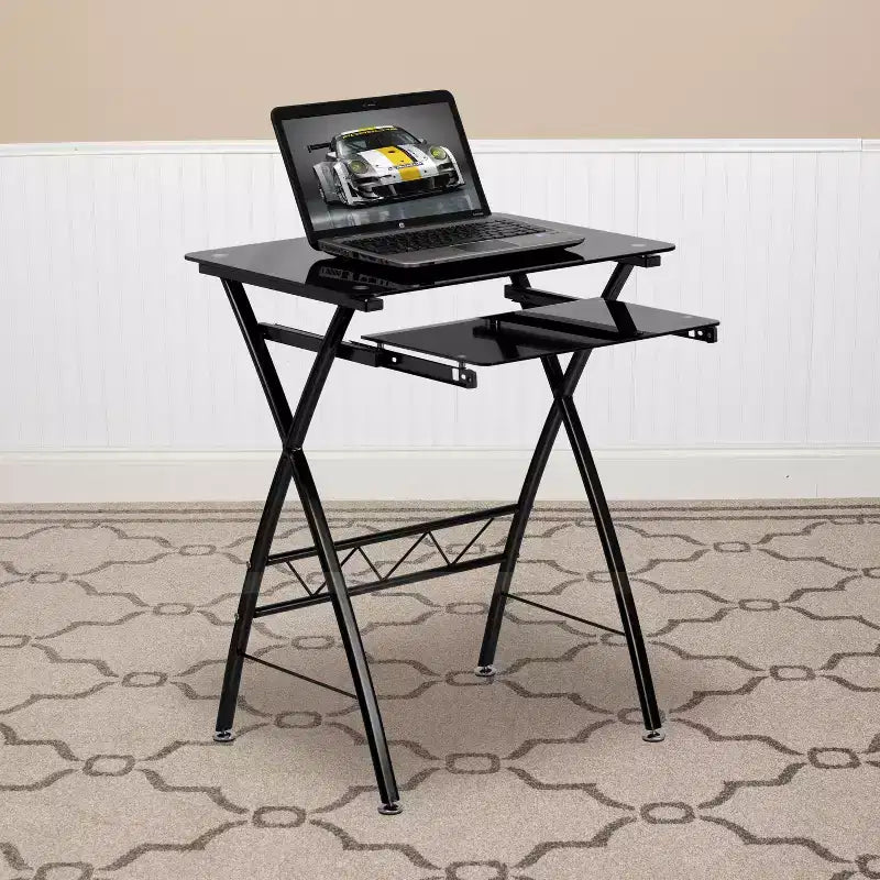 Bureau informatique en verre trempé noir avec tablette coulissante pour clavier