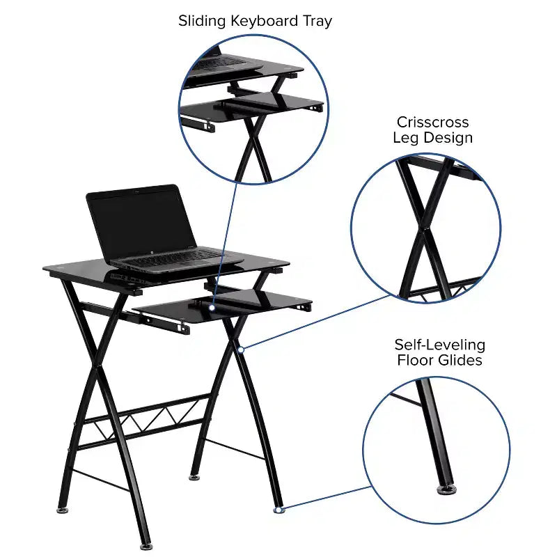 Bureau informatique en verre trempé noir avec tablette coulissante pour clavier