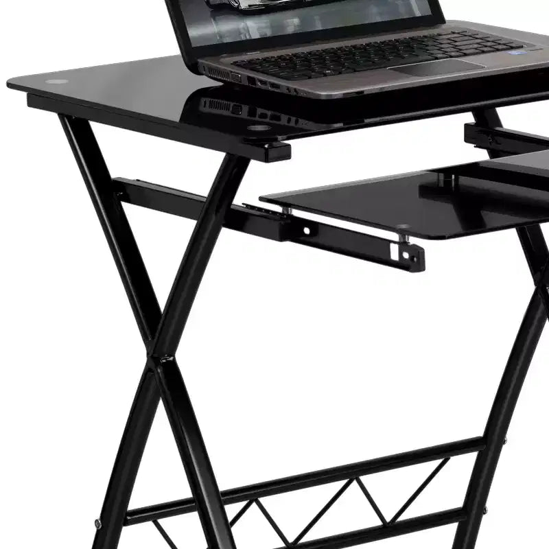 Bureau informatique en verre trempé noir avec tablette coulissante pour clavier
