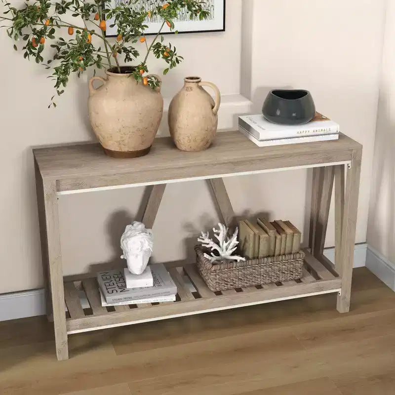 Table console de ferme avec étagère de rangement et dispositif anti-basculement