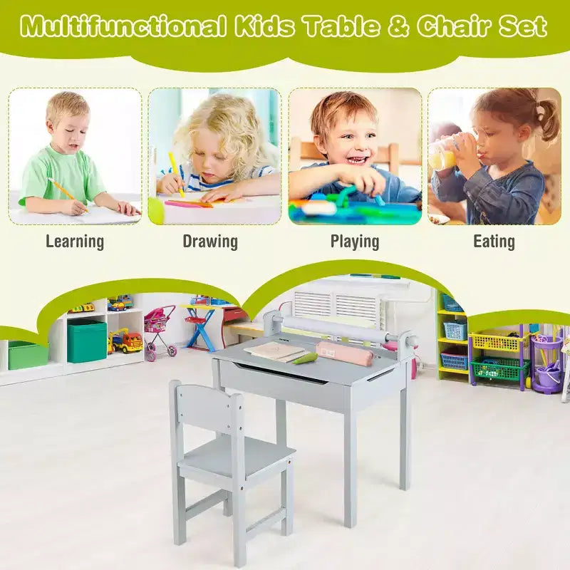 Table et chaises pour enfants avec support pour rouleau de papier