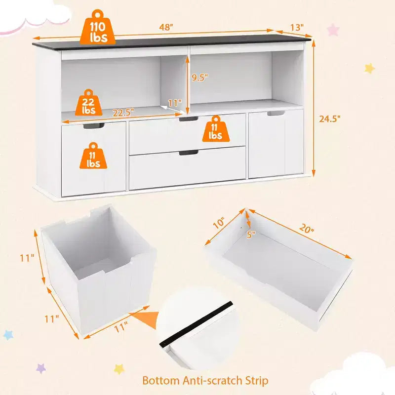Organisateur de rangement pour jouets d'enfants avec plateau tableau noir, tiroirs et étagères
