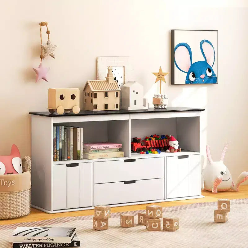 Organisateur de rangement pour jouets d'enfants avec plateau tableau noir, tiroirs et étagères
