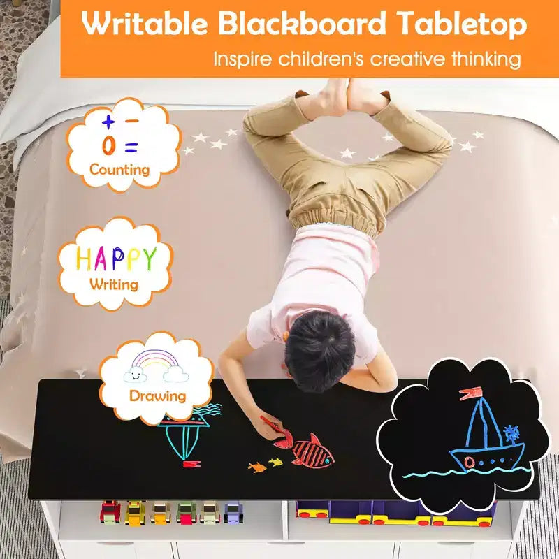 Organisateur de rangement pour jouets d'enfants avec plateau tableau noir, tiroirs et étagères