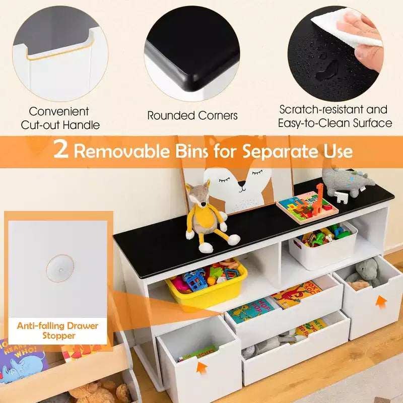 Organisateur de rangement pour jouets d'enfants avec plateau tableau noir, tiroirs et étagères
