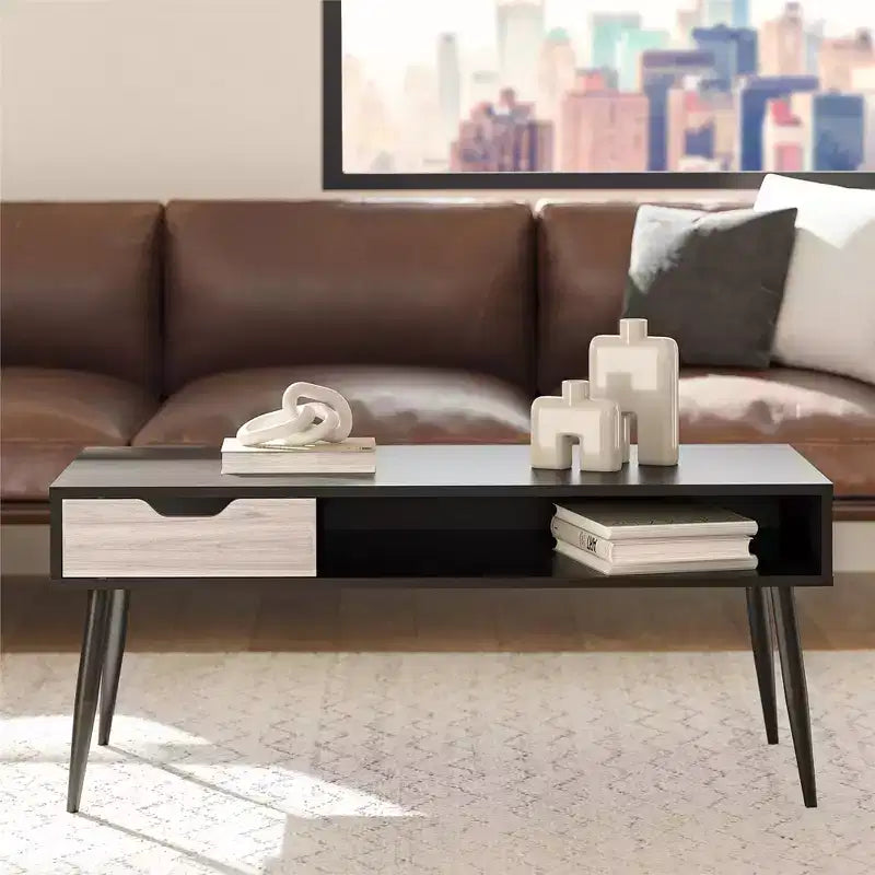 Table basse rectangulaire avec tiroir et compartiment ouvert, noire
