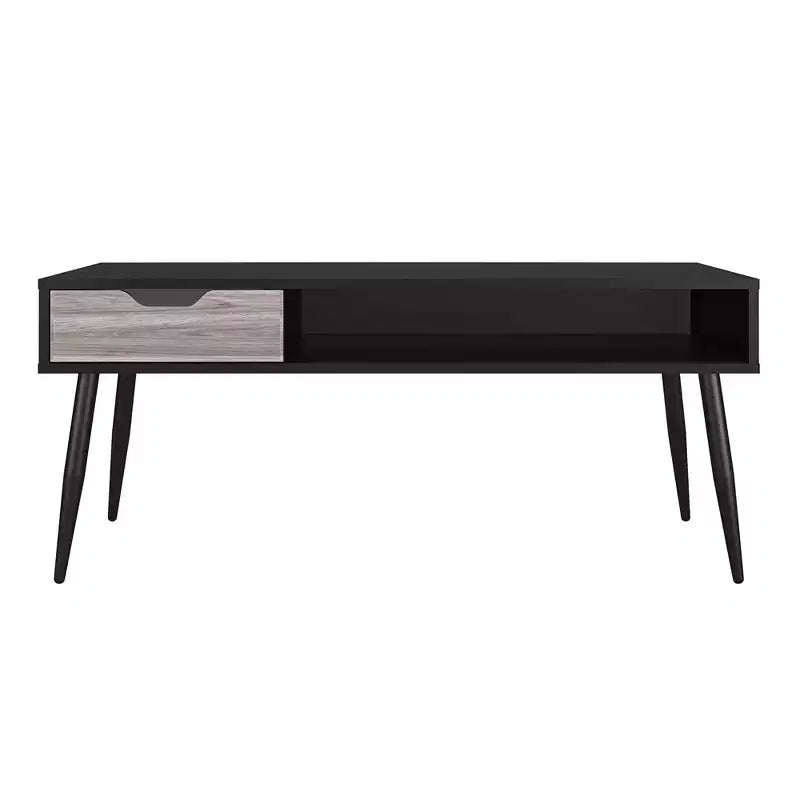 Table basse rectangulaire avec tiroir et compartiment ouvert, noire