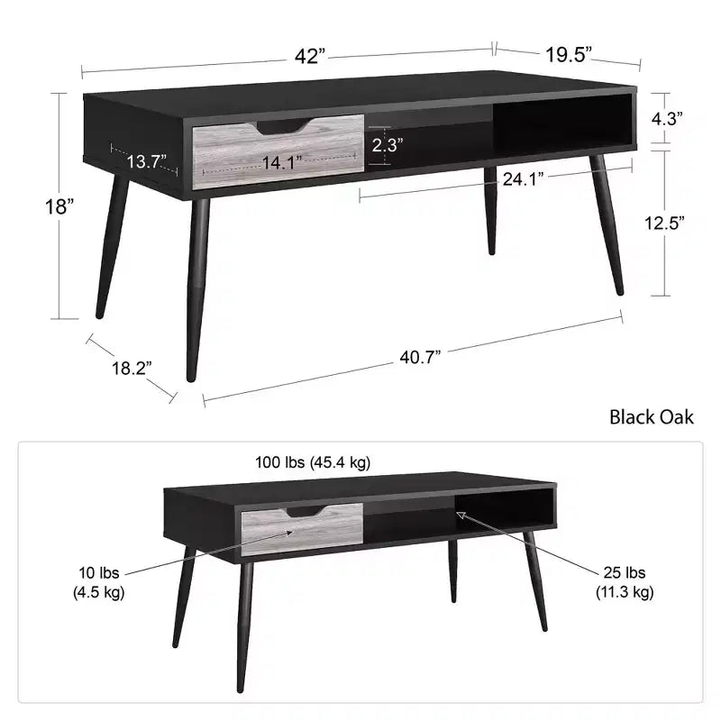 Table basse rectangulaire avec tiroir et compartiment ouvert, noire