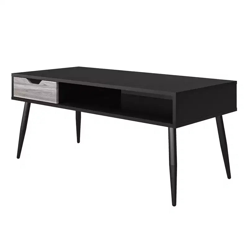Table basse rectangulaire avec tiroir et compartiment ouvert, noire