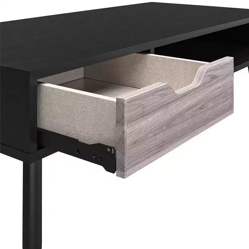 Table basse rectangulaire avec tiroir et compartiment ouvert, noire