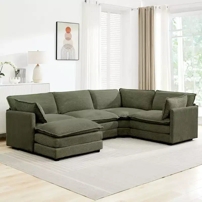 Canapé sectionnel modulaire moderne 5 places en velours côtelé, surdimensionné, 288 cm (L) x 201 cm (l), avec pouf, canapé en forme de U avec canapé d'angle, HYLEORY